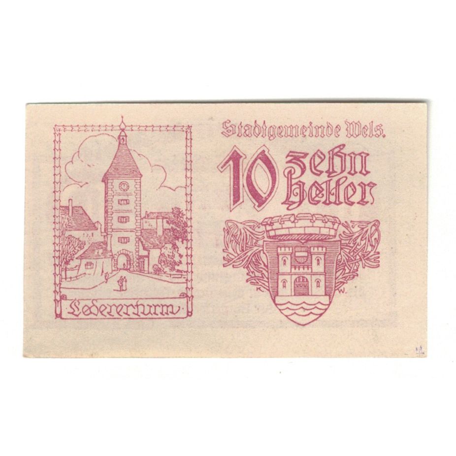 Banknote, Austria, Wels O.Ö. Stadtgemeinde, 10 Heller, Eglise, 1920