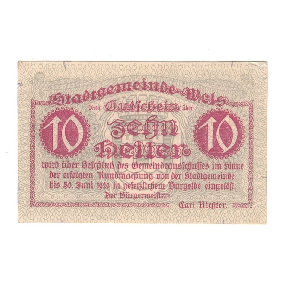 Banknote, Austria, Wels O.Ö. Stadtgemeinde, 10 Heller, Eglise 1, 1920