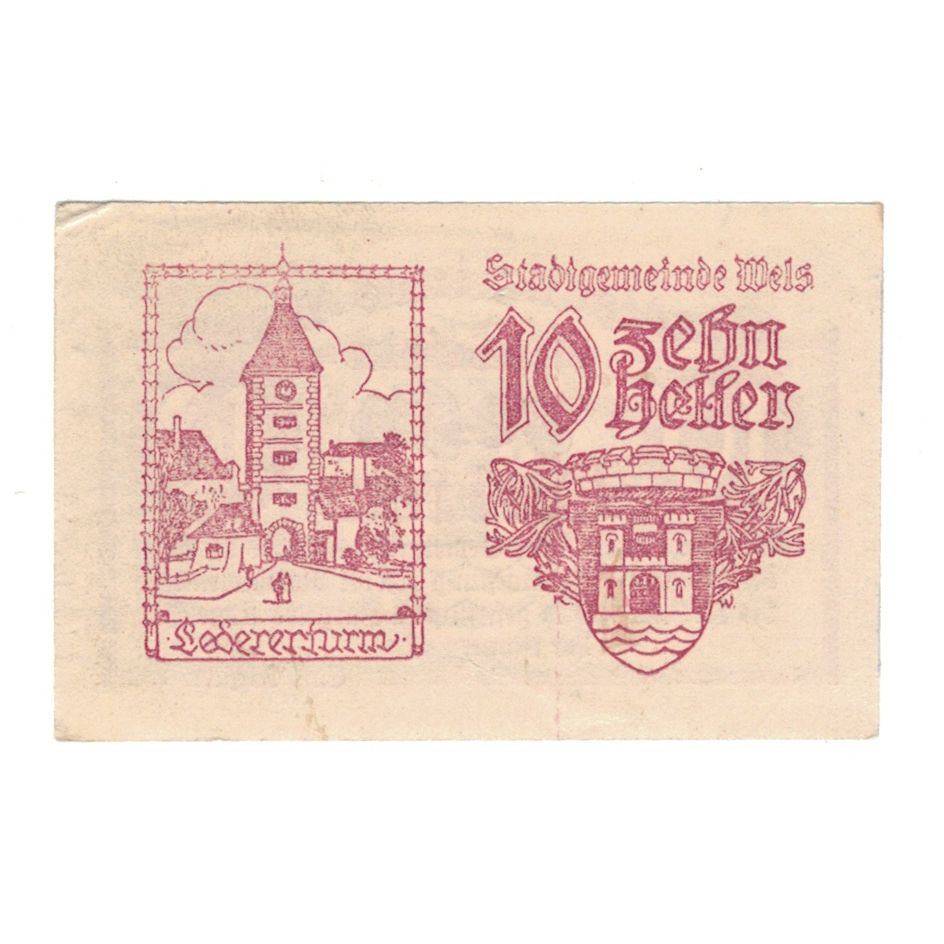 Banknote, Austria, Wels O.Ö. Stadtgemeinde, 10 Heller, Eglise 1, 1920