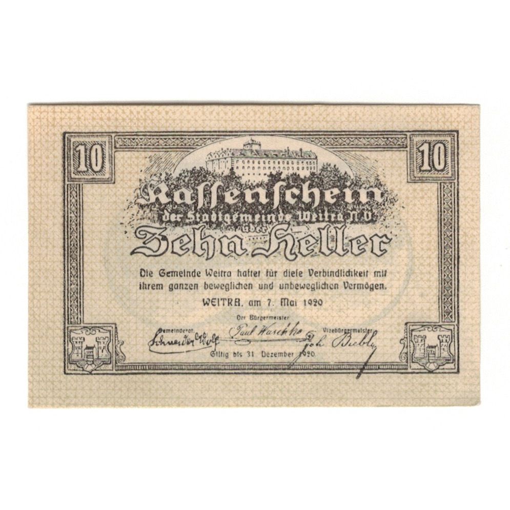 Banknote, Austria, Weitra N.Ö. Stadtgemeinde, 10 Heller, paysage, 1920