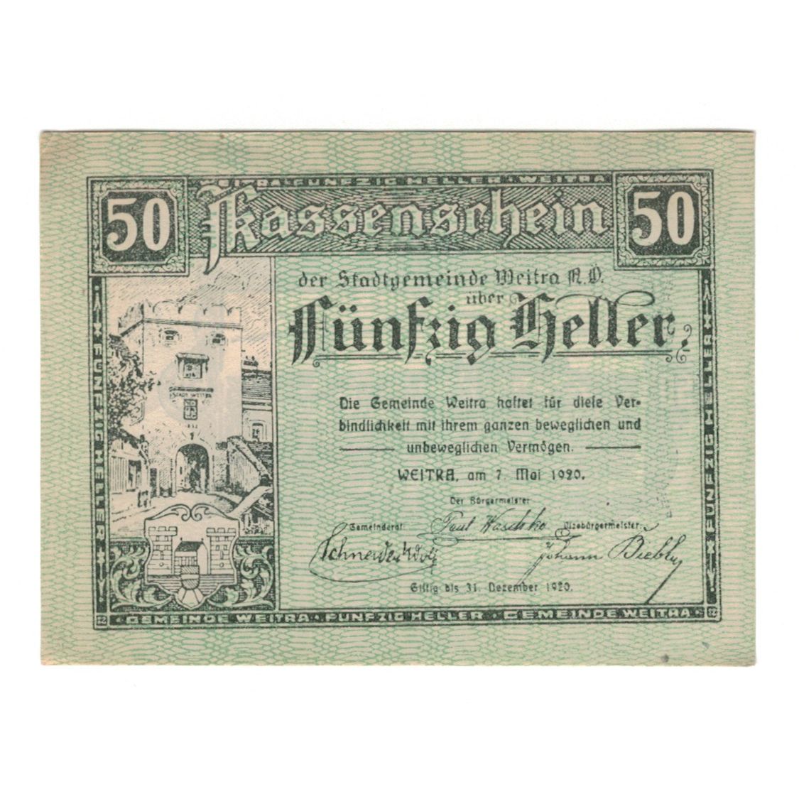 Biljet, Oostenrijk, Weitra N.Ö. Stadtgemeinde, 50 Heller, paysage 1, 1920