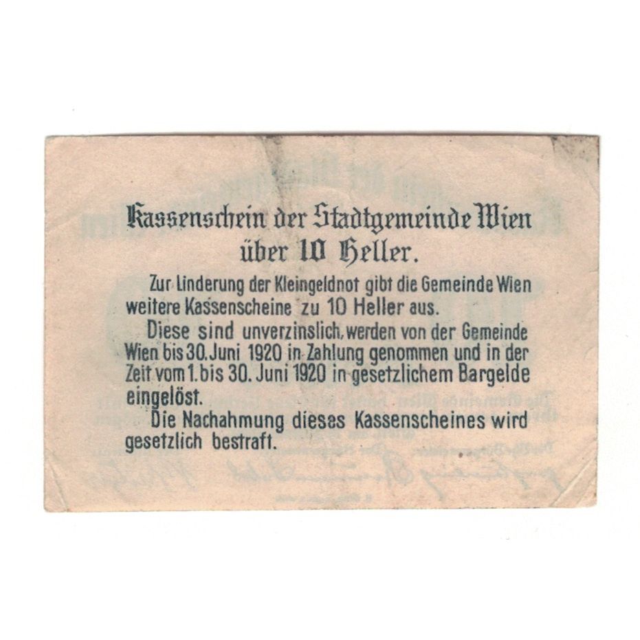 Billet, Autriche, Wien N.Ö. Stadtgemeinde, 10 Heller, Texte, 1919, 1919-12-31