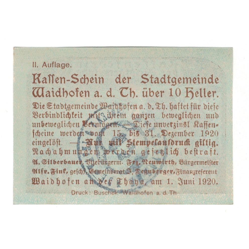 Billet, Autriche, Waidhofen An Der Thaya N.Ö. Stadtgemeinde, 10 Heller, texte
