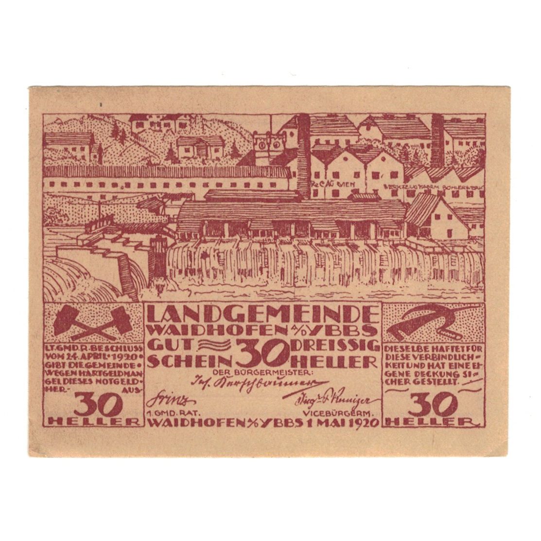 Billet, Autriche, Waidhofen An Der Ybbs N.Ö. Landgemeinde, 30 Heller, texte 1