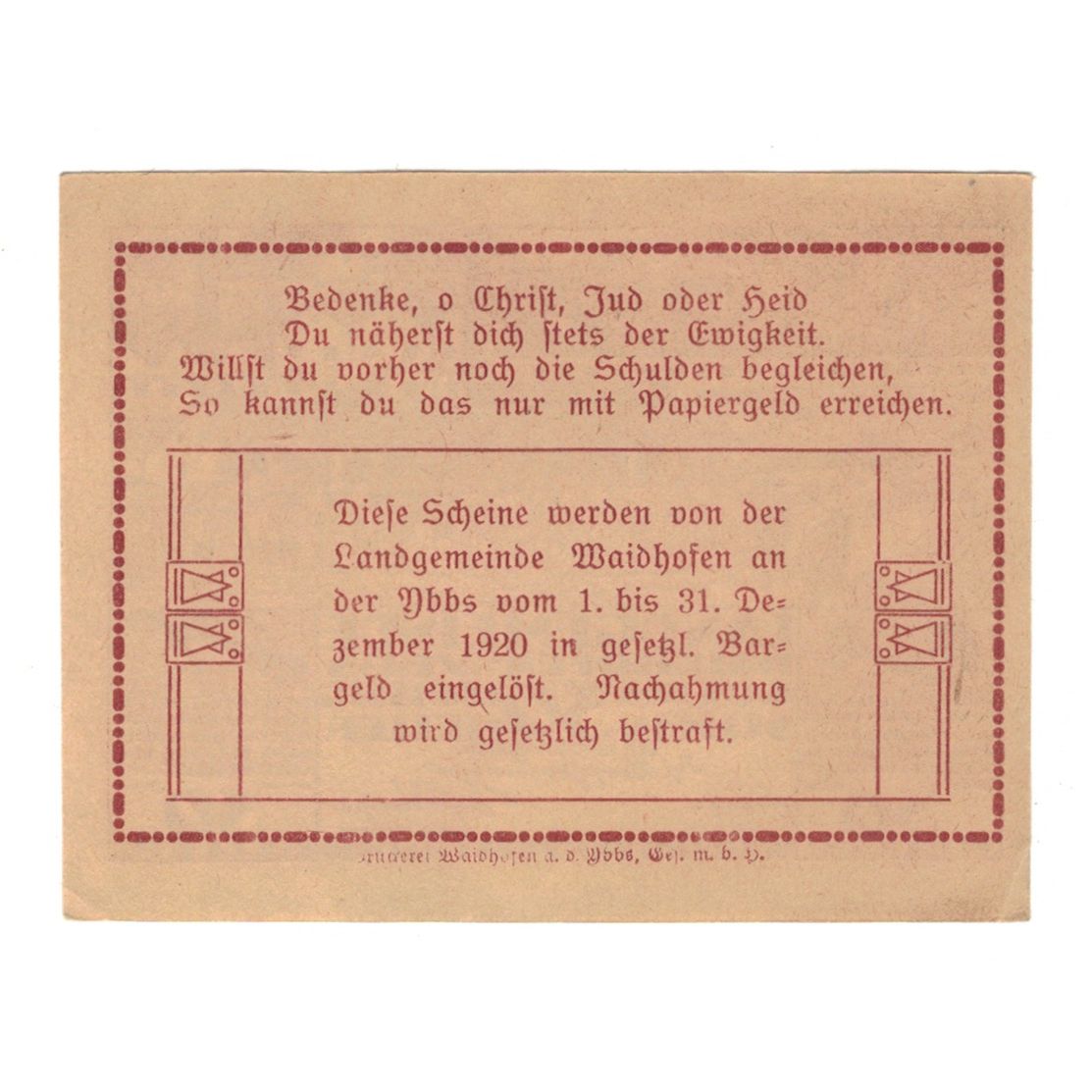 Billet, Autriche, Waidhofen An Der Ybbs N.Ö. Landgemeinde, 30 Heller, texte 1