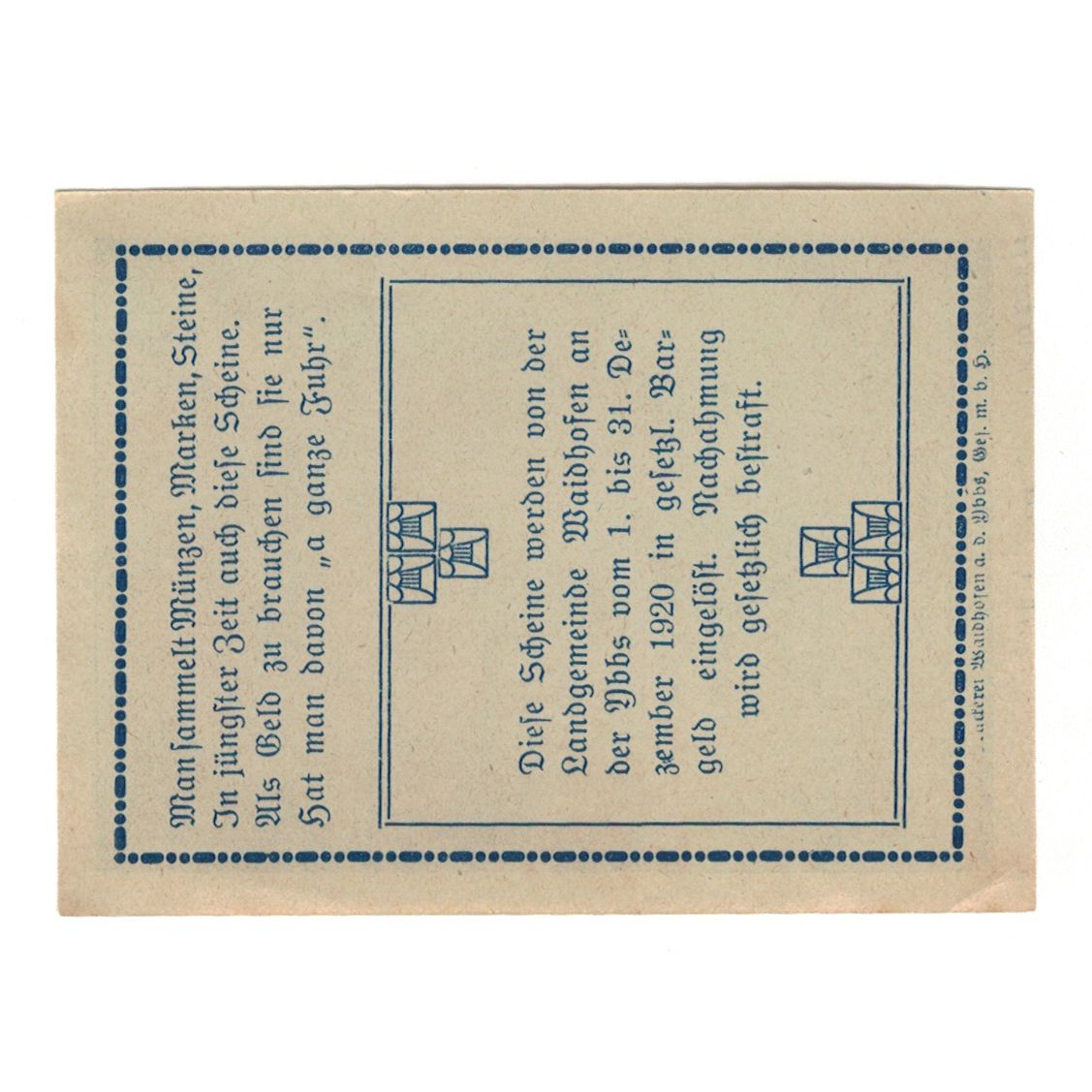 Billet, Autriche, Waidhofen An Der Ybbs N.Ö. Landgemeinde, 60 Heller, texte 1