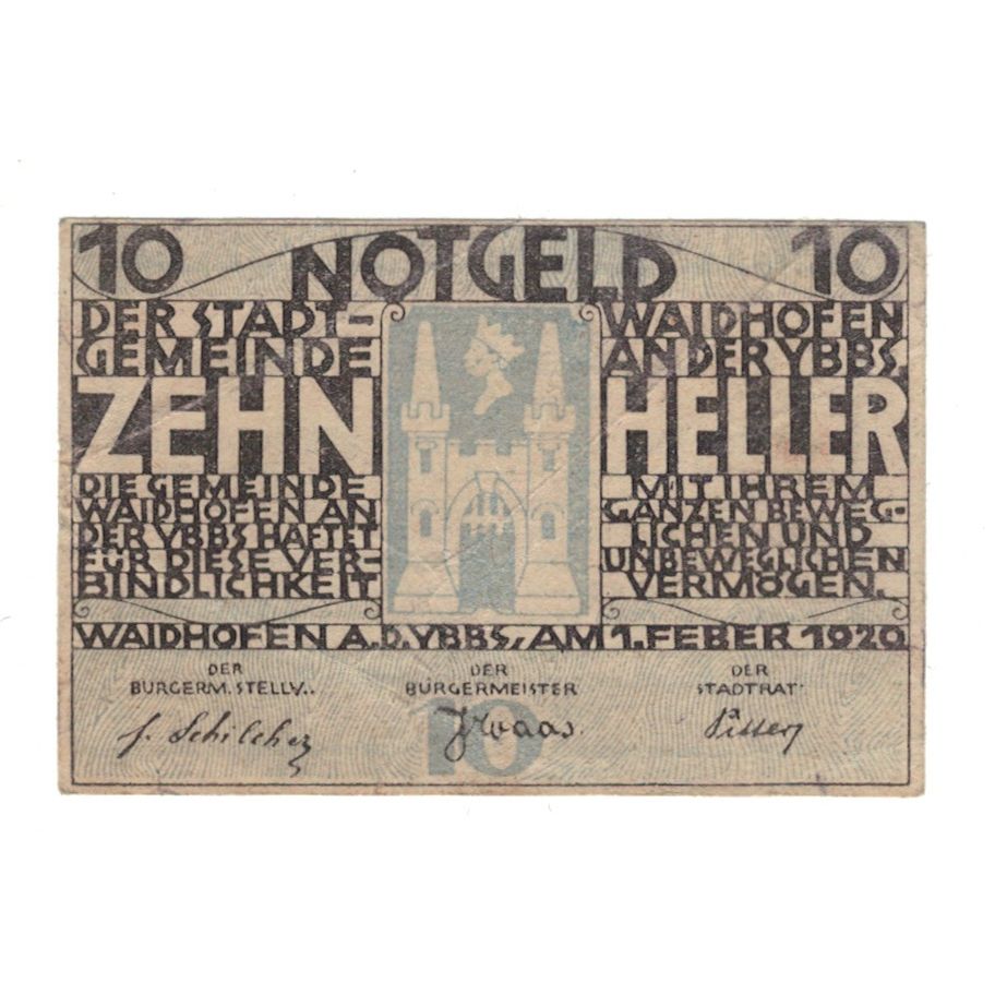 Banknote, Austria, Waidhofen An Der Ybbs N.Ö. Landgemeinde, 10 Heller, Texte