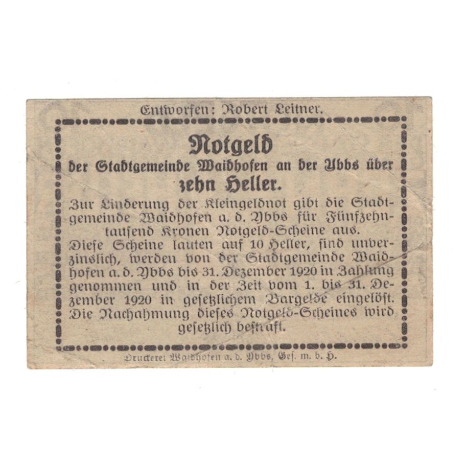Banknote, Austria, Waidhofen An Der Ybbs N.Ö. Landgemeinde, 10 Heller, Texte