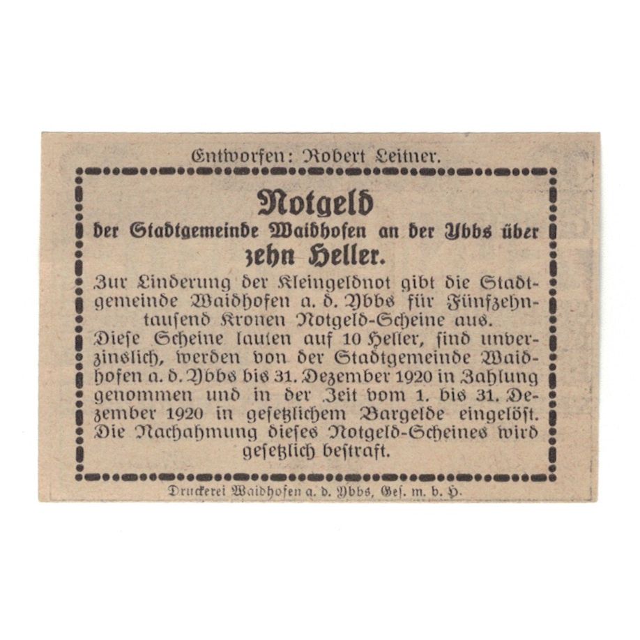 Billet, Autriche, Waidhofen An Der Ybbs N.Ö. Landgemeinde, 10 Heller, texte 1