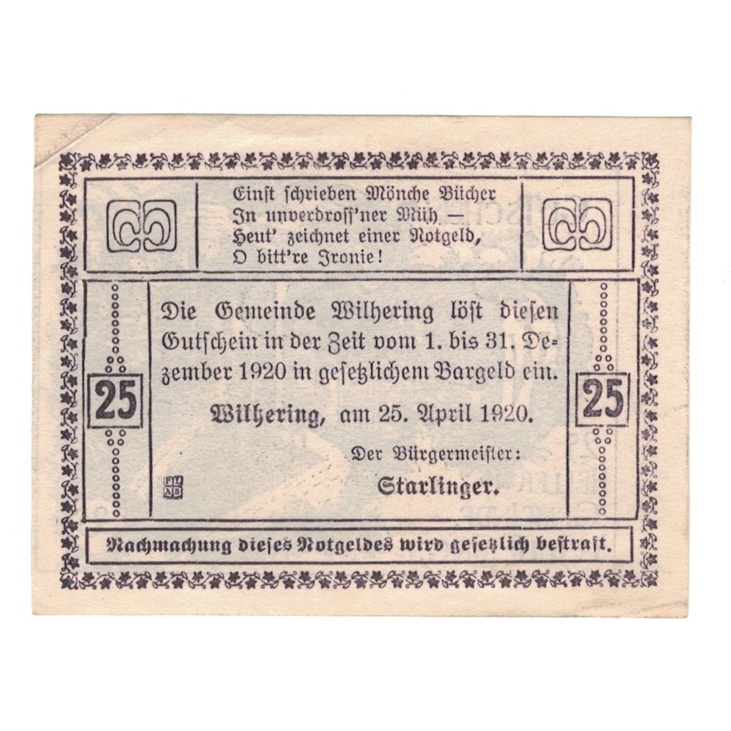 Billet, Autriche, Wilhering O.Ö. Gemeinde, 25 Heller, Texte, 1920, 1920-12-31