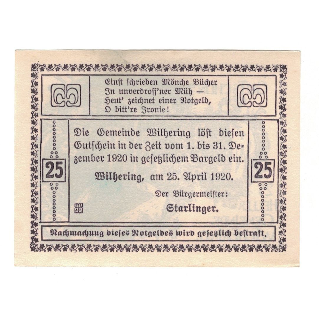 Banknote, Austria, Wilhering O.Ö. Gemeinde, 25 Heller, texte 1, 1920