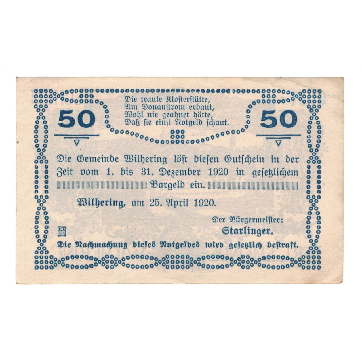 Billet, Autriche, Wilhering O.Ö. Gemeinde, 50 Heller, Texte, 1920, 1920-12-31
