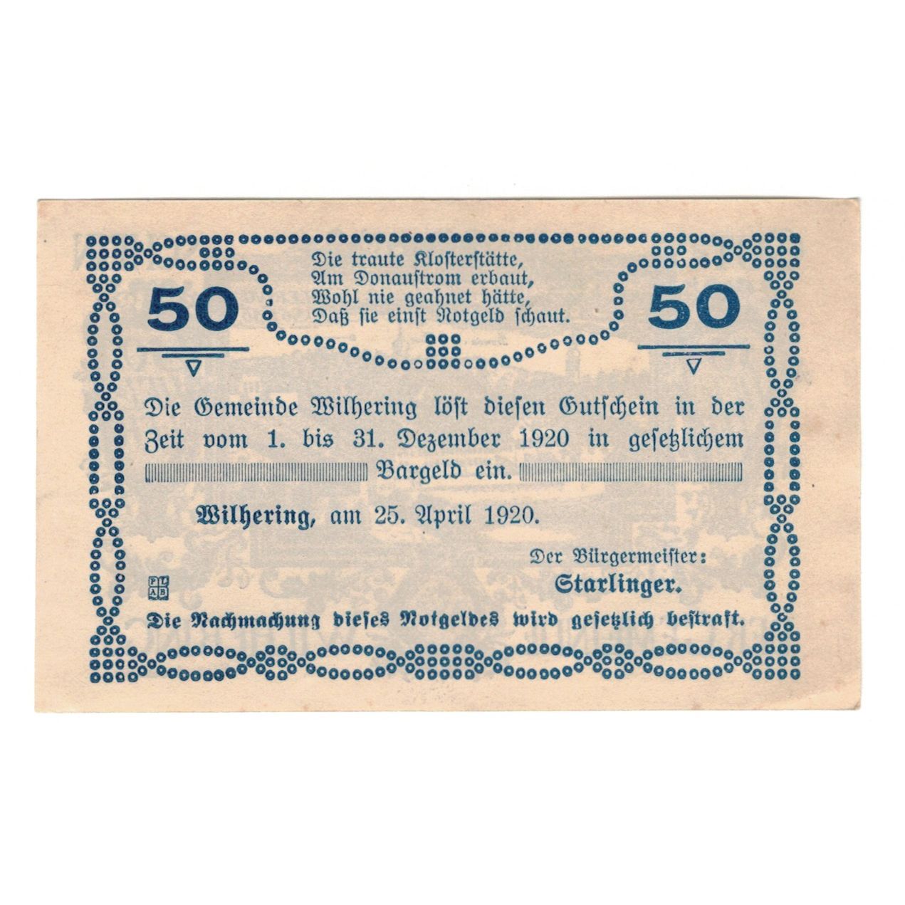 Banknote, Austria, Wilhering O.Ö. Gemeinde, 50 Heller, texte 1, 1920