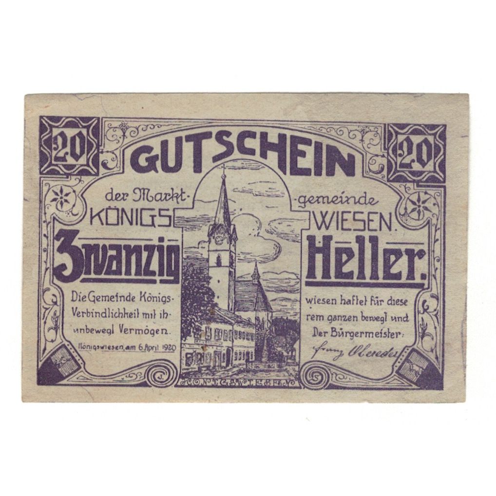 Billet, Autriche, Königswiesen O.Ö. Marktgemeinde, 20 Heller, Texte, 1921