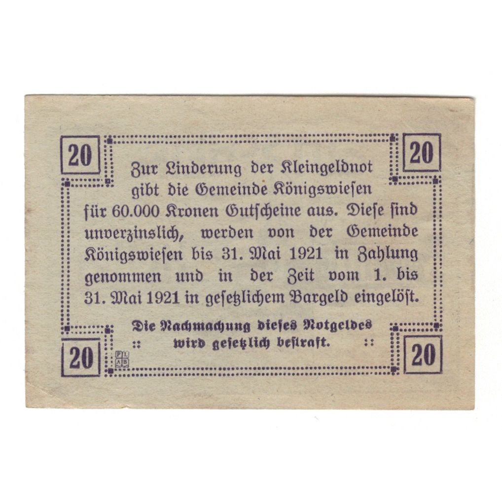 Billet, Autriche, Königswiesen O.Ö. Marktgemeinde, 20 Heller, Texte, 1921