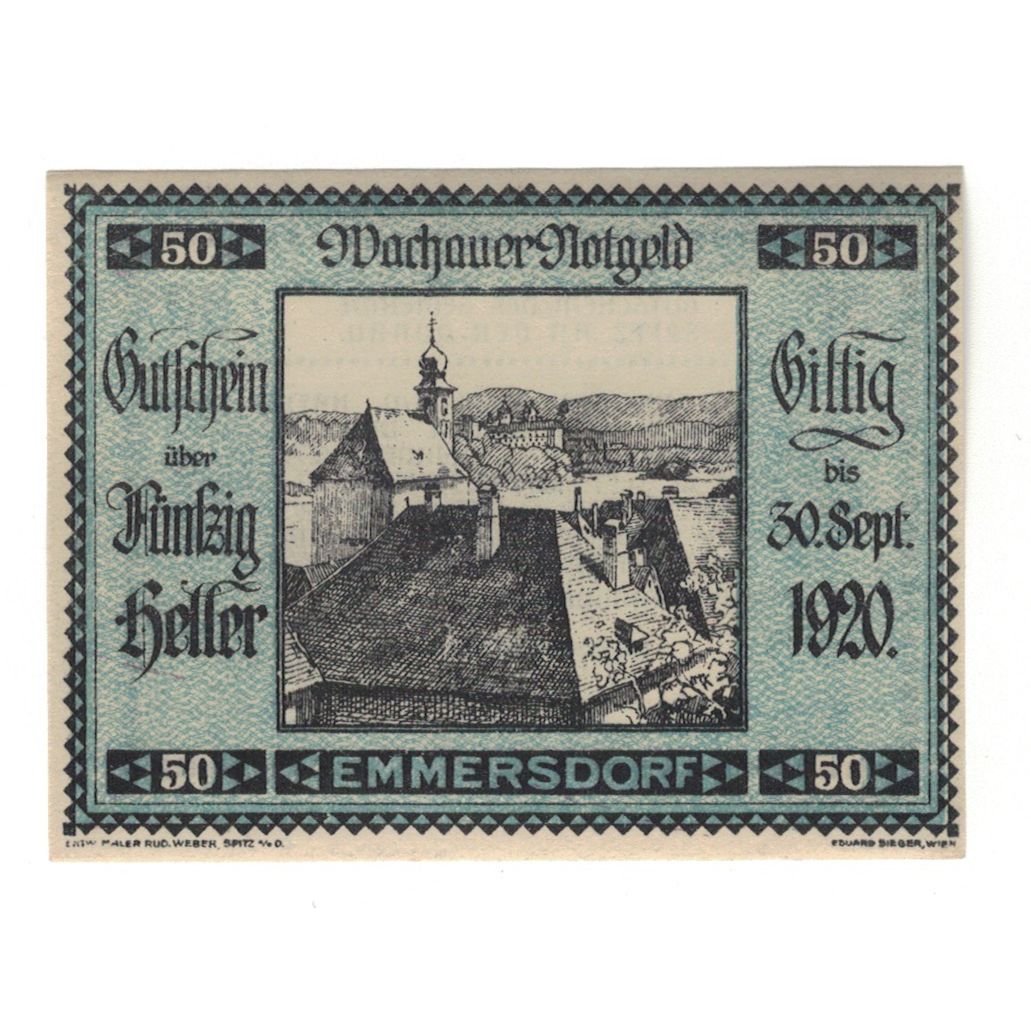 Biljet, Oostenrijk, Wachauer Notgeld Emmersdorf N.Ö. Gemeinde, 50 Heller