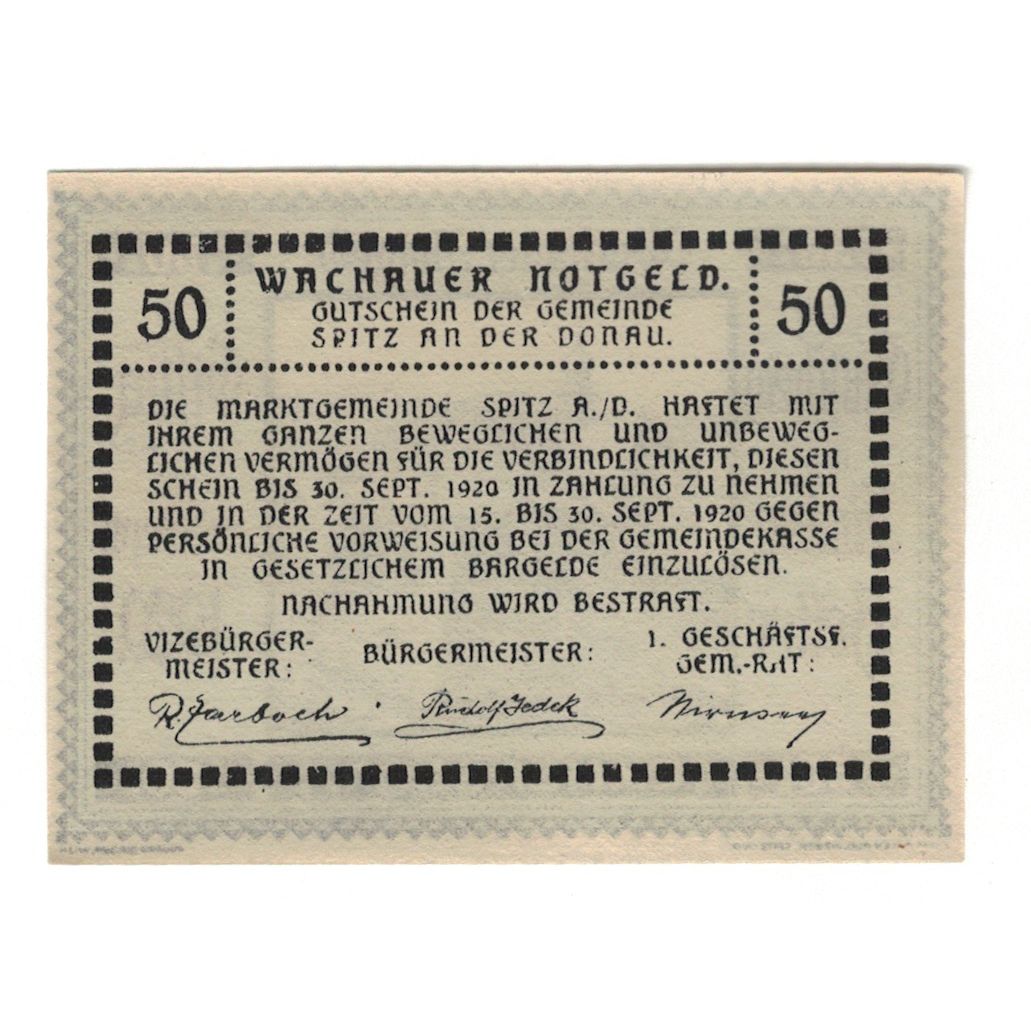 Biljet, Oostenrijk, Wachauer Notgeld Emmersdorf N.Ö. Gemeinde, 50 Heller