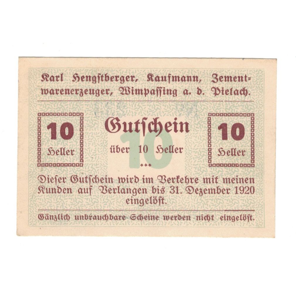 Billet, Autriche, Wimpassing An Der Pielach, PRV, Karl Hengstberger, 10 Heller