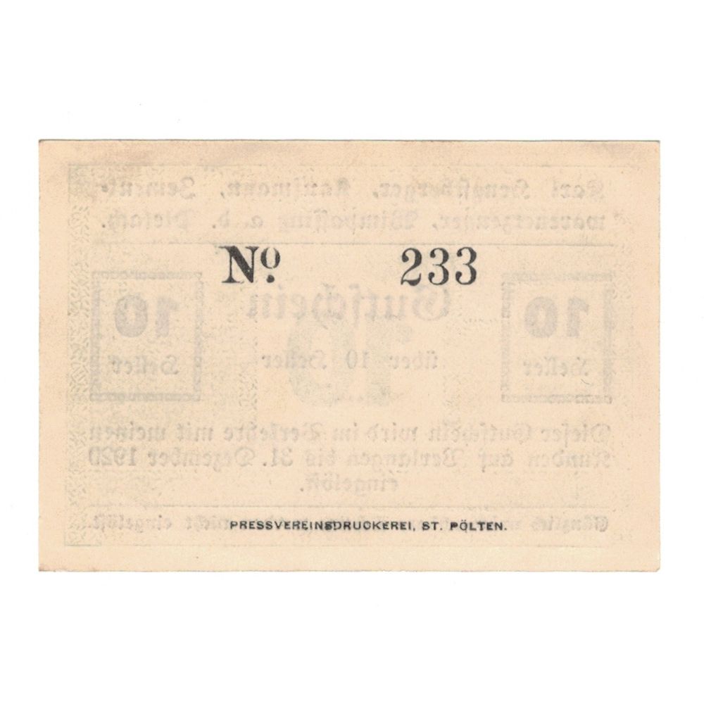 Billet, Autriche, Wimpassing An Der Pielach, PRV, Karl Hengstberger, 10 Heller