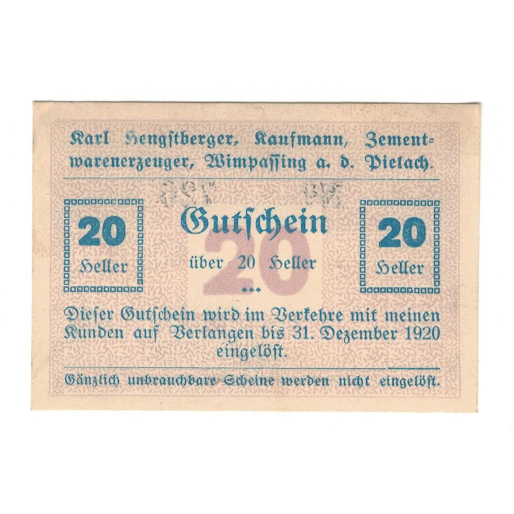 Billet, Autriche, Wimpassing An Der Pielach, PRV, Karl Hengstberger, 20 Heller