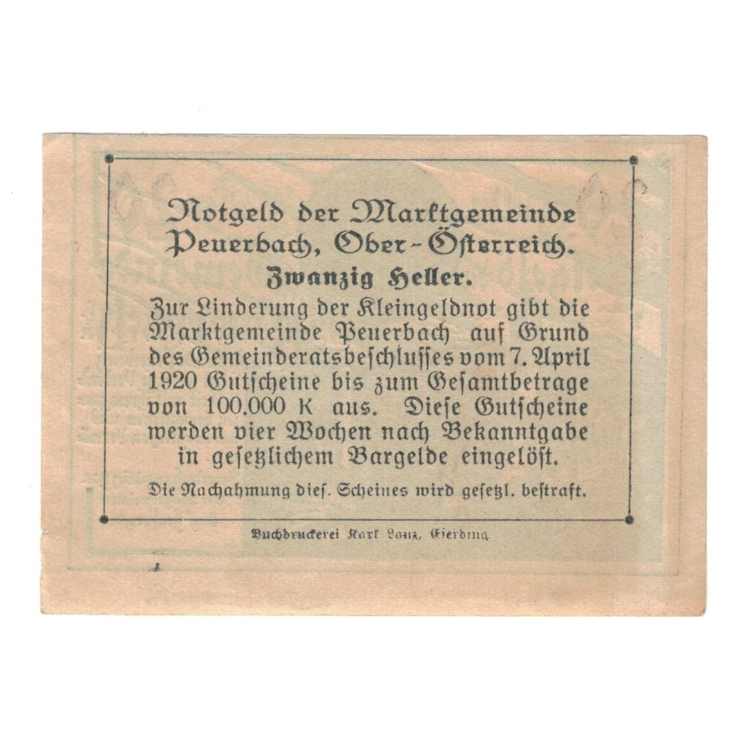 Banknote, Austria, Peuerbach O.Ö. Marktgemeinde, 20 Heller, Texte, 1920