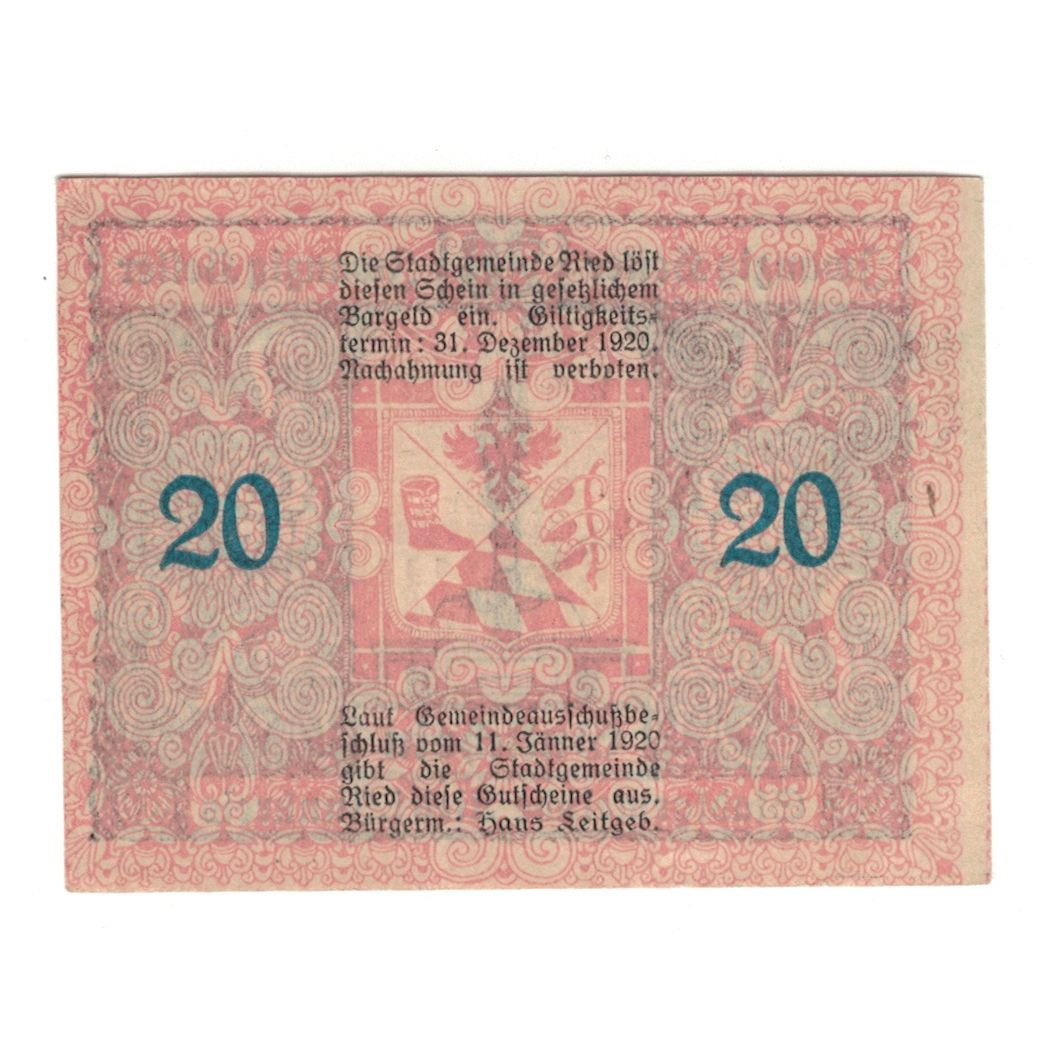 Banknote, Austria, Ried im Innkreis O.Ö. Stadtgemeinde, 20 Heller, valeur