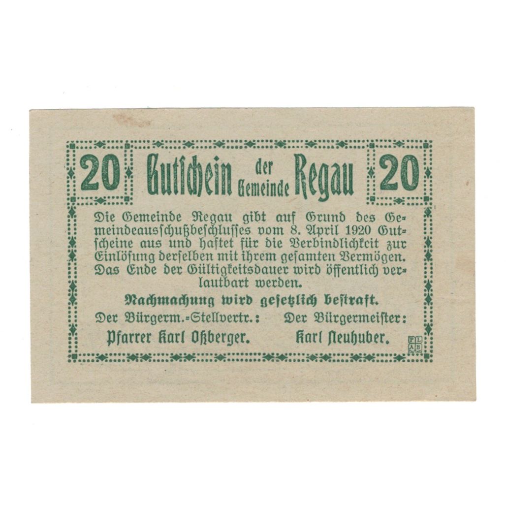 Biljet, Oostenrijk, Regau O.Ö. Gemeinde, 20 Heller, Texte, 1920, 1920-04-08