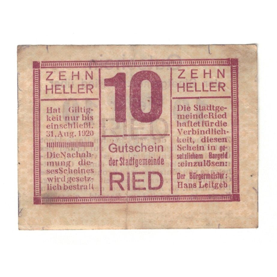Billet, Autriche, Ried im Innkreis O.Ö. Stadtgemeinde, 10 Heller, Texte, 1920