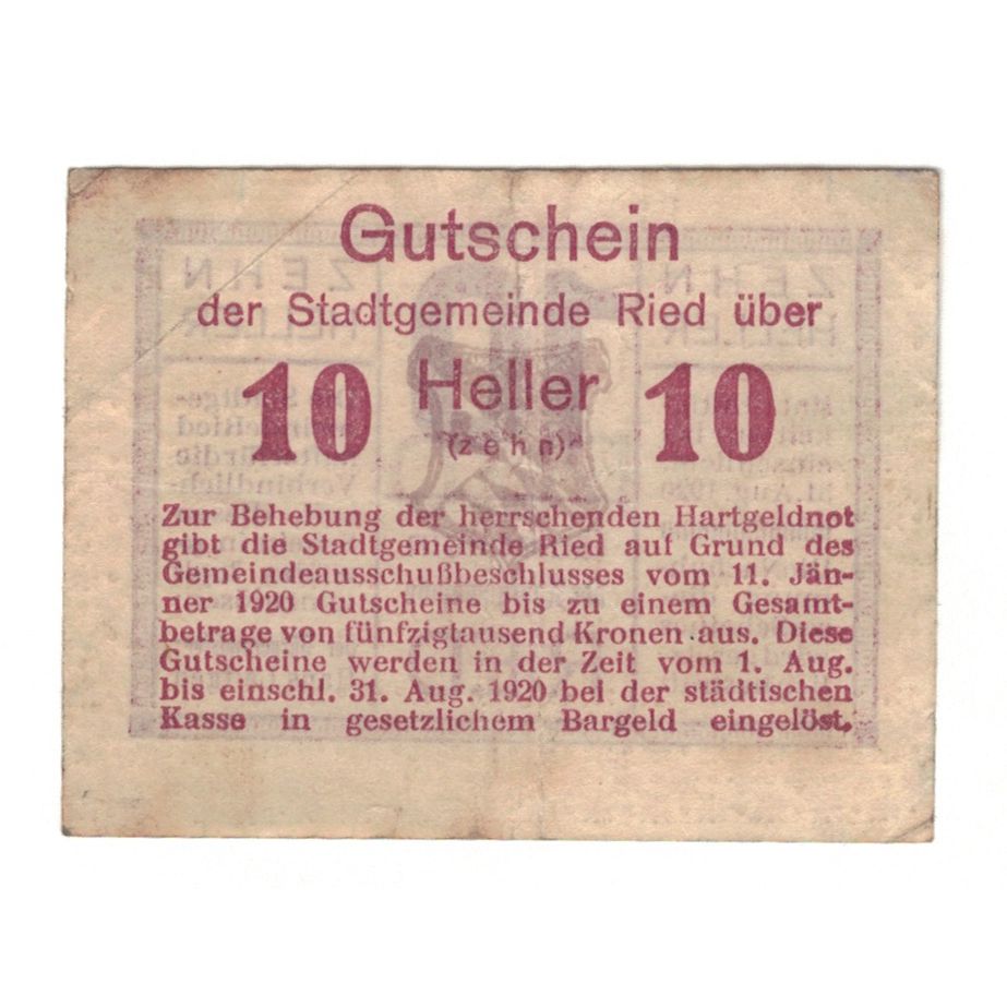 Billet, Autriche, Ried im Innkreis O.Ö. Stadtgemeinde, 10 Heller, Texte, 1920