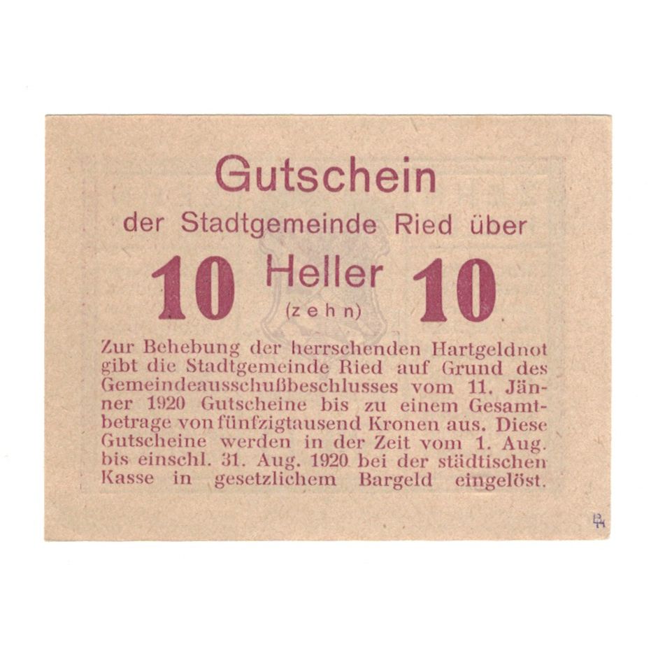 Billet, Autriche, Ried im Innkreis O.Ö. Stadtgemeinde, 10 Heller, texte 1