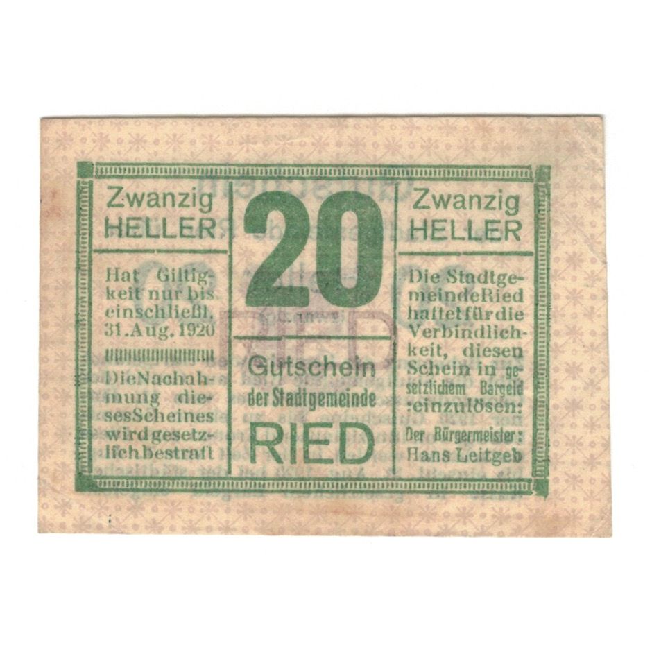 Billet, Autriche, Ried im Innkreis O.Ö. Stadtgemeinde, 20 Heller, Texte, 1920