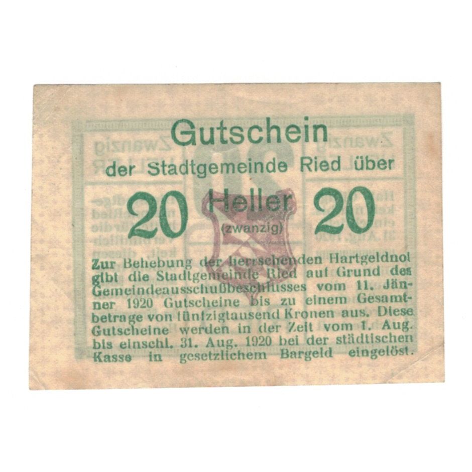 Billet, Autriche, Ried im Innkreis O.Ö. Stadtgemeinde, 20 Heller, Texte, 1920