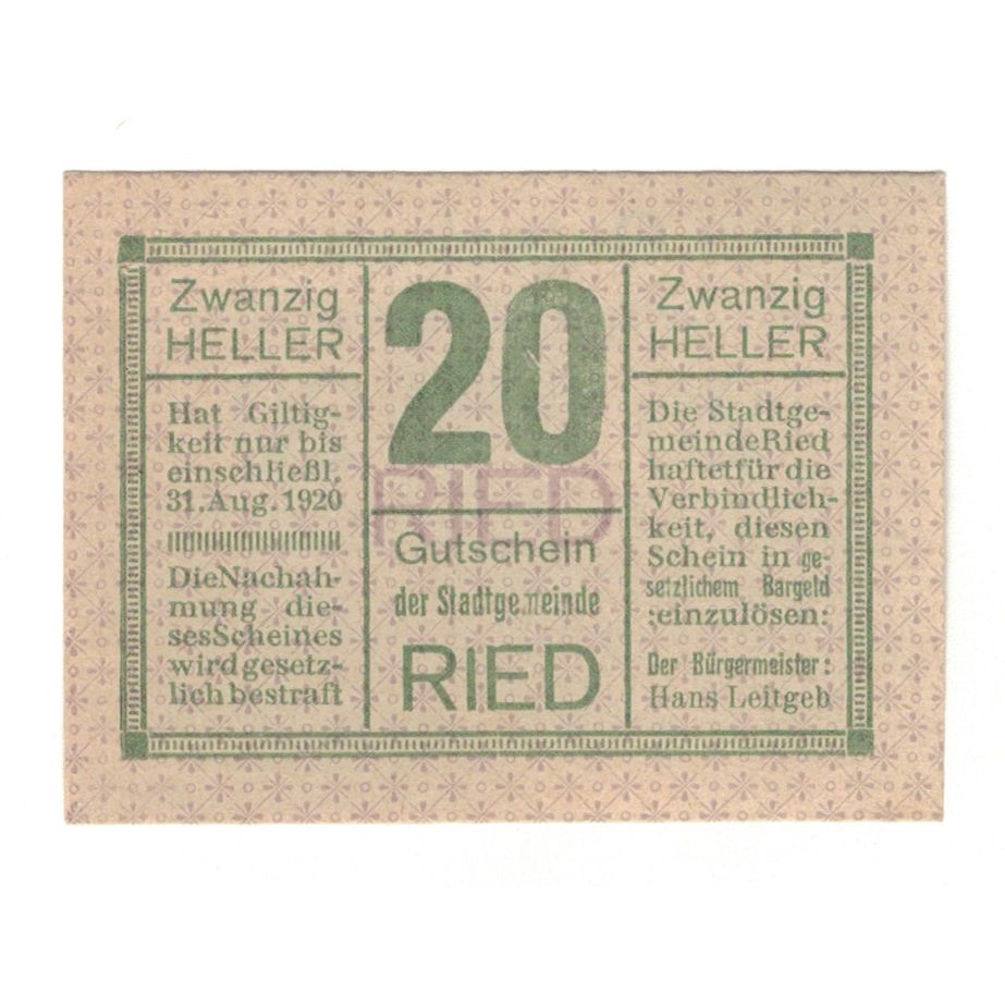 Billet, Autriche, Ried im Innkreis O.Ö. Stadtgemeinde, 20 Heller, texte 1