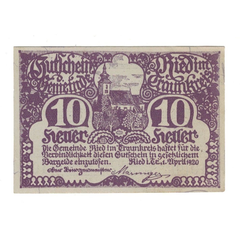Billet, Autriche, Ried im Traunkreis O.Ö. Gemeinde, 10 Heller, Texte, 1920