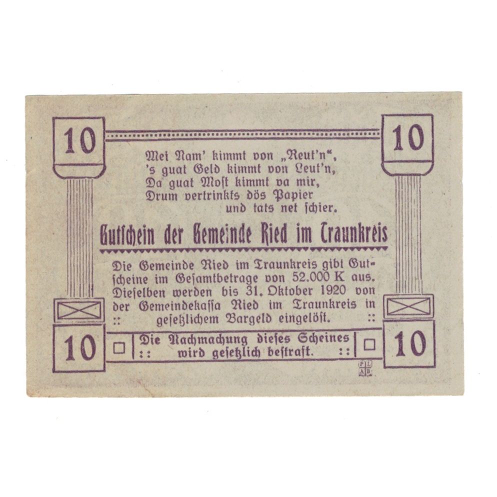 Billet, Autriche, Ried im Traunkreis O.Ö. Gemeinde, 10 Heller, Texte, 1920