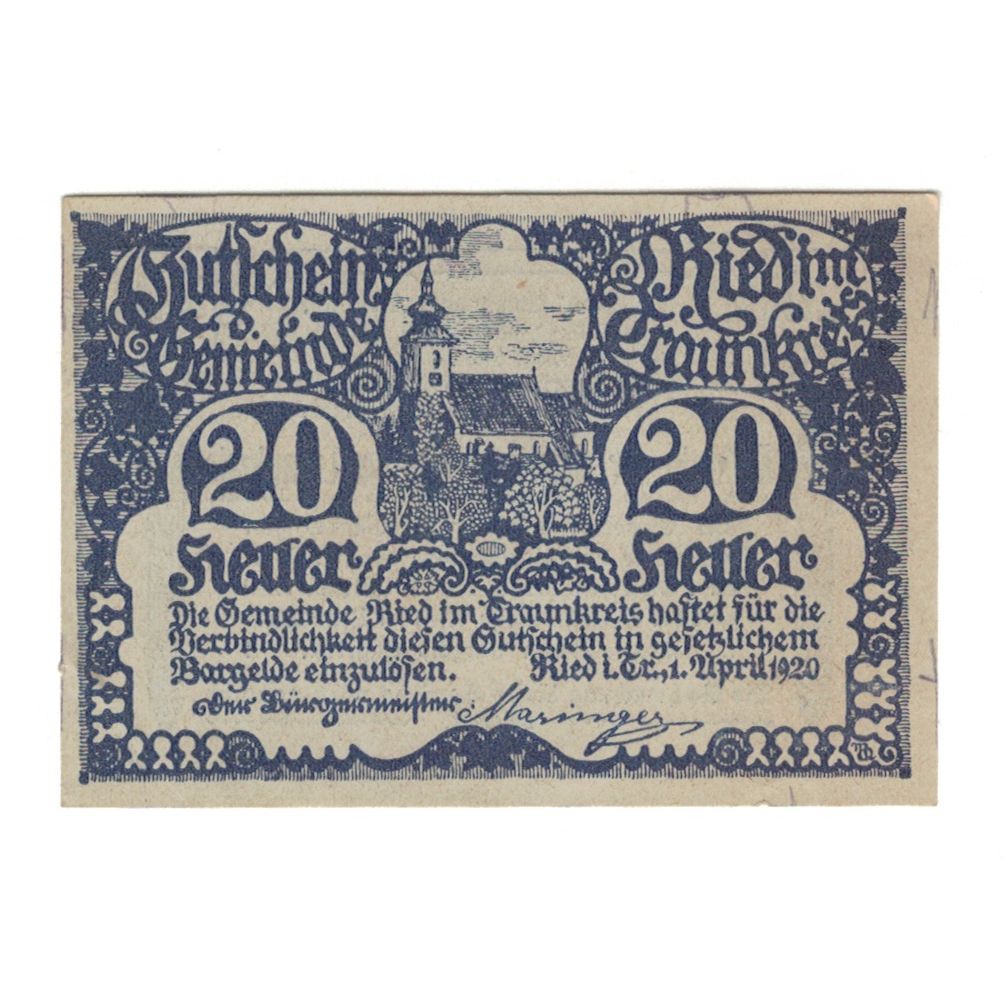 Billet, Autriche, Ried im Traunkreis O.Ö. Gemeinde, 20 Heller, Texte, 1920