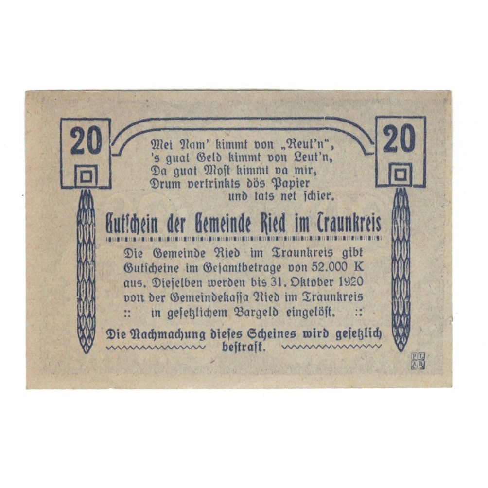 Billet, Autriche, Ried im Traunkreis O.Ö. Gemeinde, 20 Heller, Texte, 1920