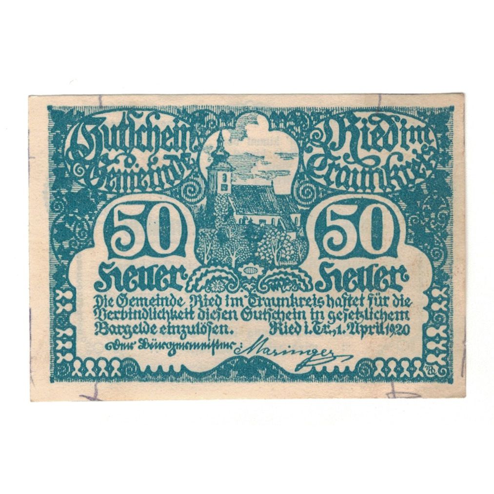 Billet, Autriche, Ried im Traunkreis O.Ö. Gemeinde, 50 Heller, Texte, 1920
