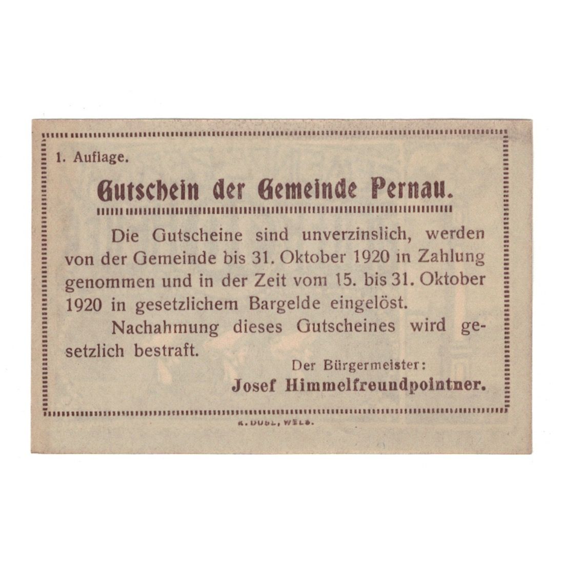 Billet, Autriche, Pernau O.Ö. Gemeinde, 10 Heller, texte 1, 1920, 1920-10-31