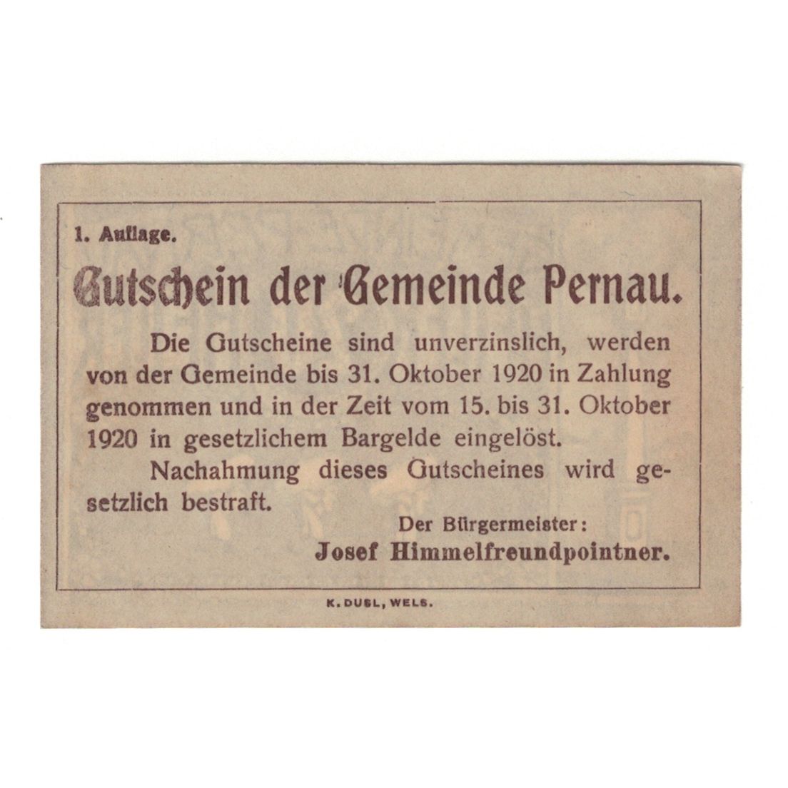 Billet, Autriche, Pernau O.Ö. Gemeinde, 20 Heller, Texte, 1920, 1920-10-31