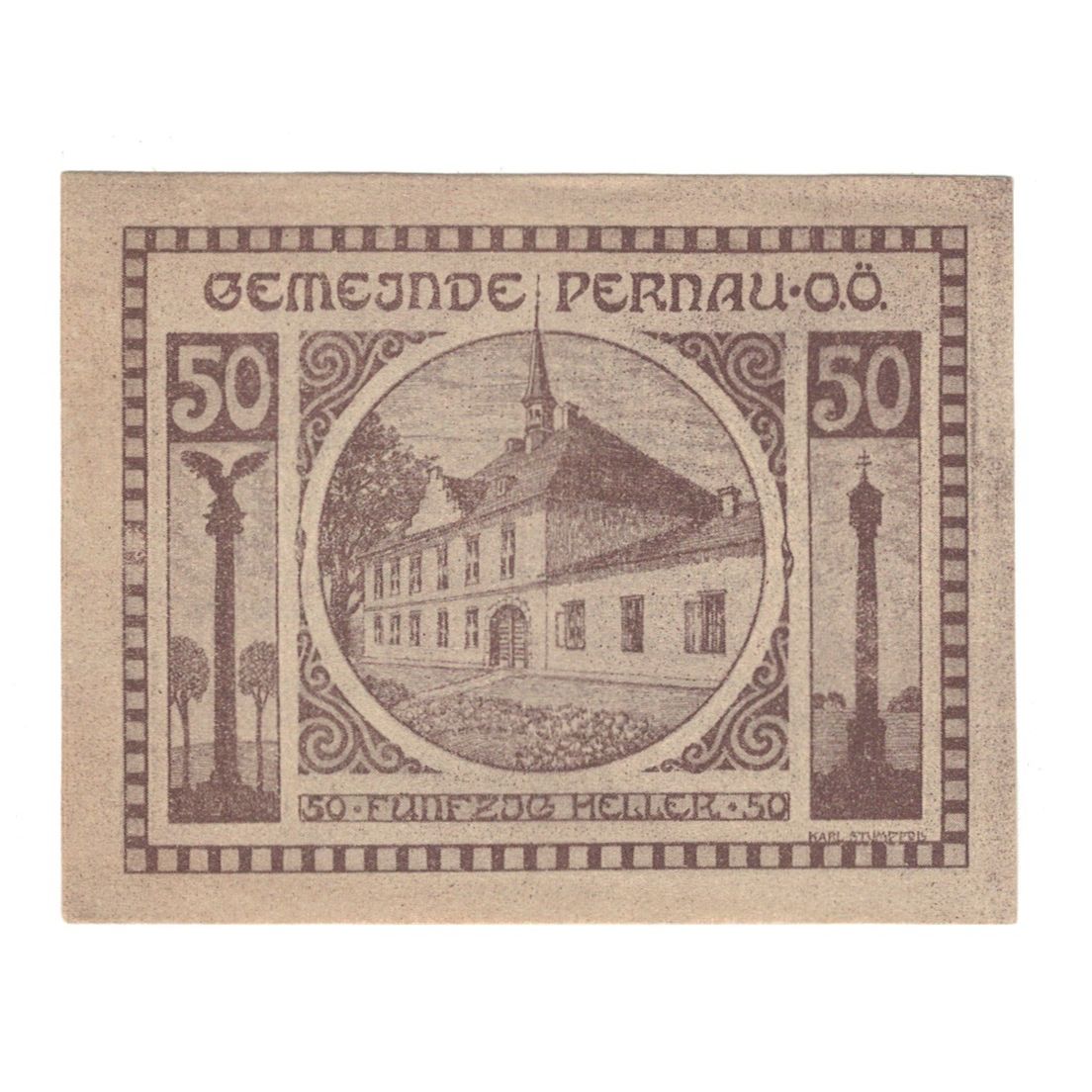 Billet, Autriche, Pernau O.Ö. Gemeinde, 50 Heller, Texte, 1920, 1920-10-31