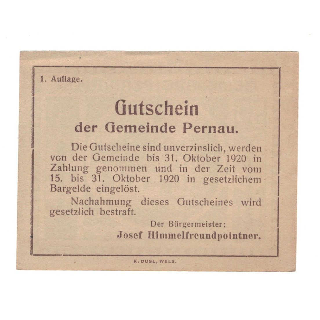 Billet, Autriche, Pernau O.Ö. Gemeinde, 50 Heller, Texte, 1920, 1920-10-31