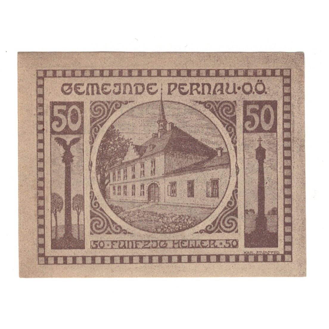 Billet, Autriche, Pernau O.Ö. Gemeinde, 50 Heller, texte 1, 1920, 1920-10-31