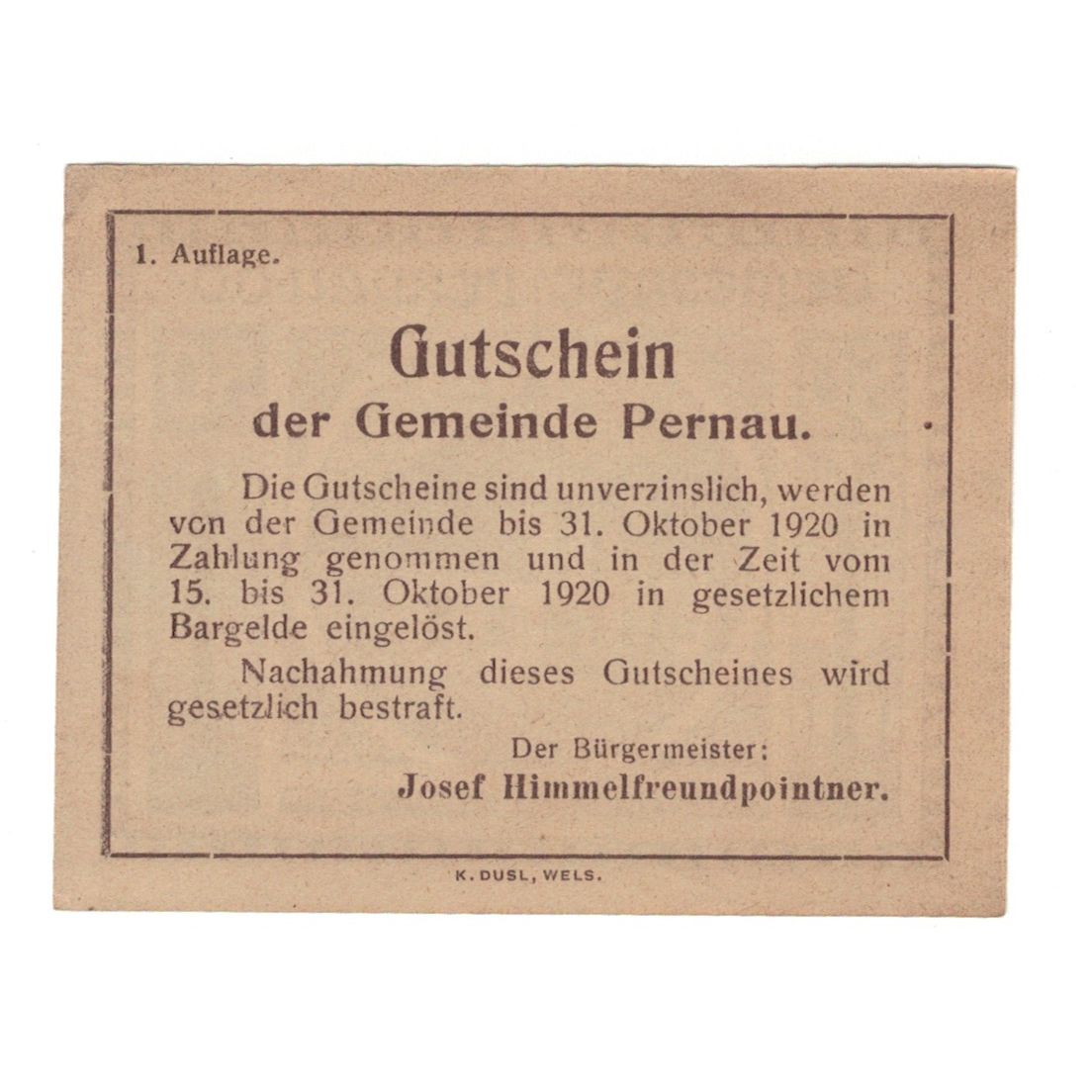 Billet, Autriche, Pernau O.Ö. Gemeinde, 50 Heller, texte 1, 1920, 1920-10-31