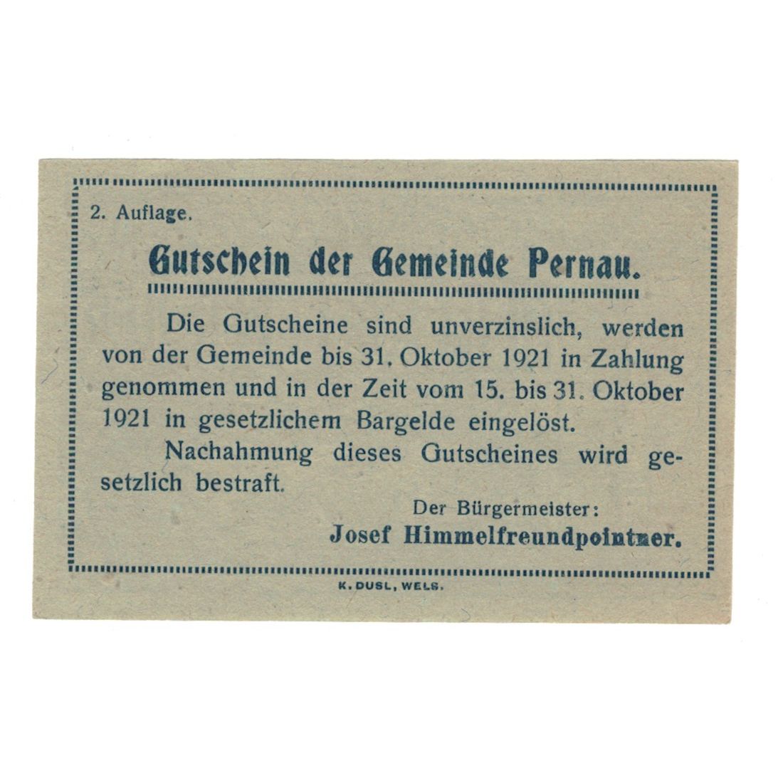Billet, Autriche, Pernau O.Ö. Gemeinde, 10 Heller, texte 1, 1920, 1920-10-31