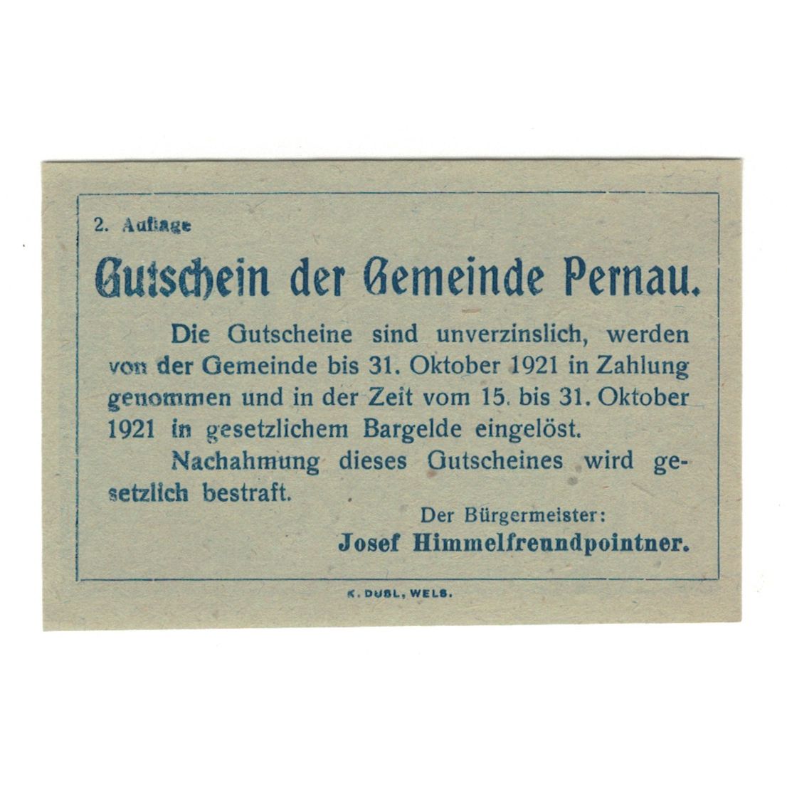 Billet, Autriche, Pernau O.Ö. Gemeinde, 20 Heller, Texte, 1920, 1920-10-31