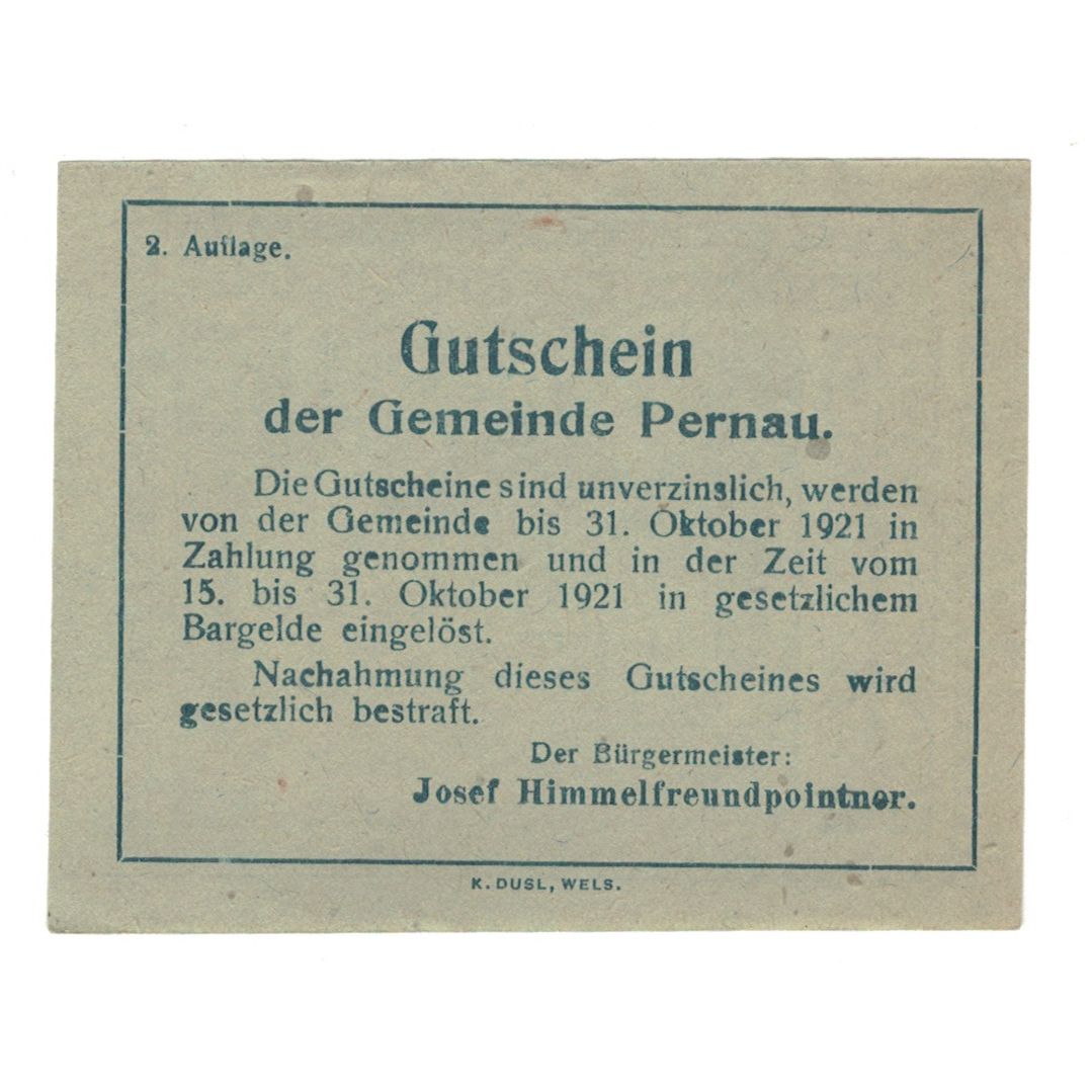 Billet, Autriche, Pernau O.Ö. Gemeinde, 50 Heller, Texte, 1920, 1920-10-31