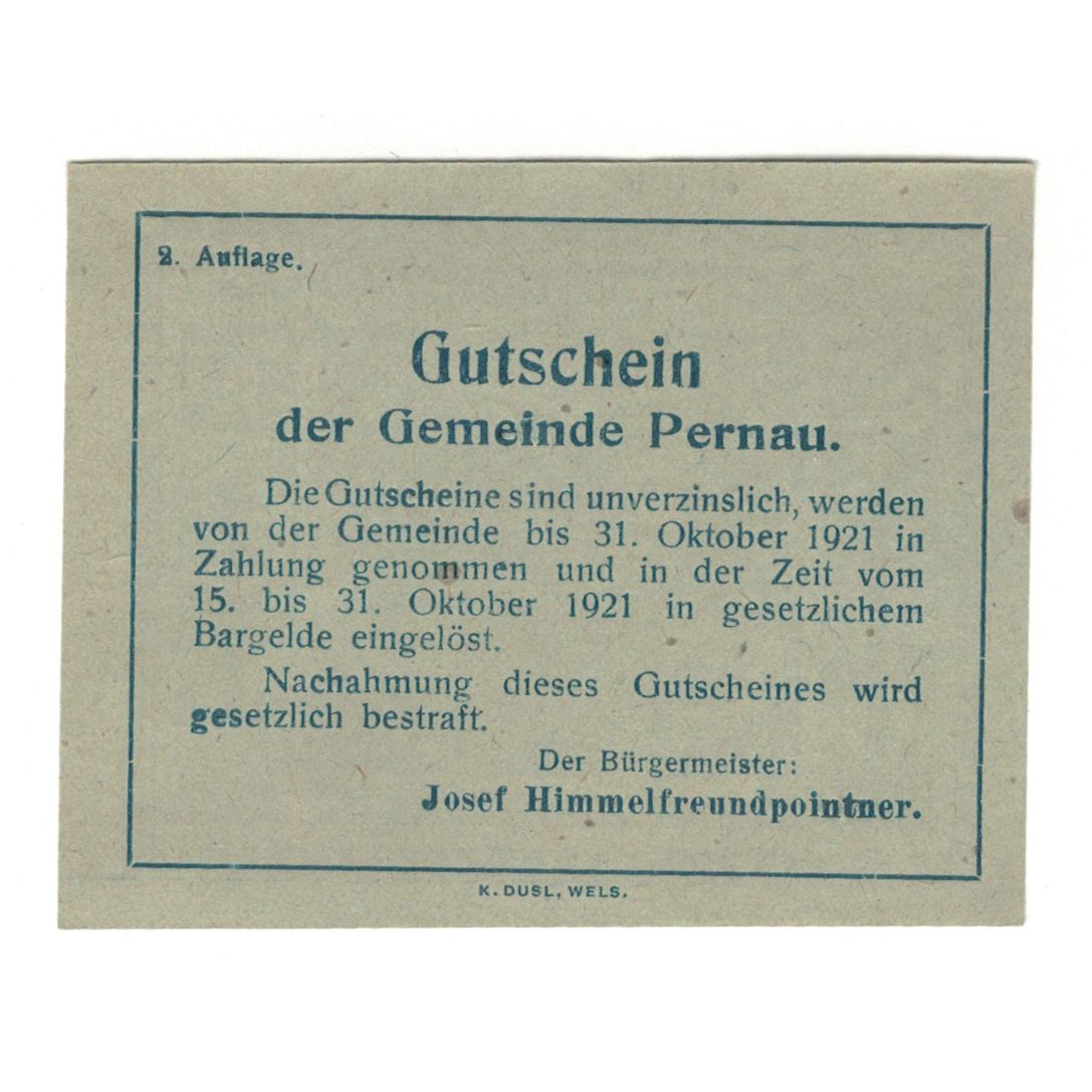 Billet, Autriche, Pernau O.Ö. Gemeinde, 50 Heller, texte 1, 1920, 1920-10-31