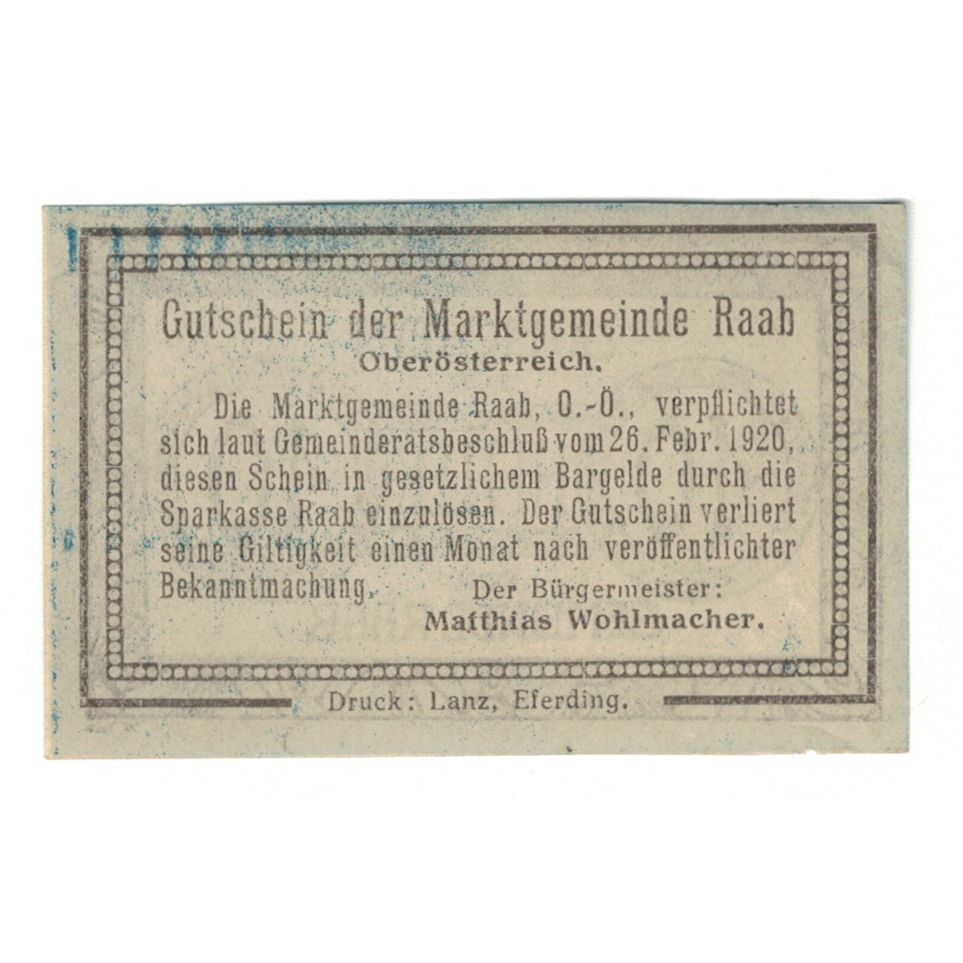 Billet, Autriche, Raab O.Ö. Marktgemeinde, 10 Heller, Texte, 1920, 1920-02-26
