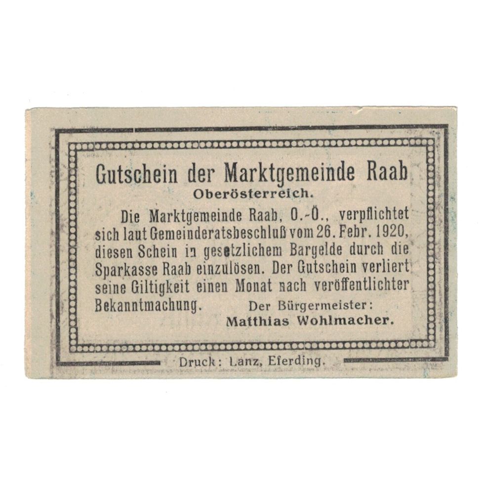 Billet, Autriche, Raab O.Ö. Marktgemeinde, 10 Heller, texte 1, 1920
